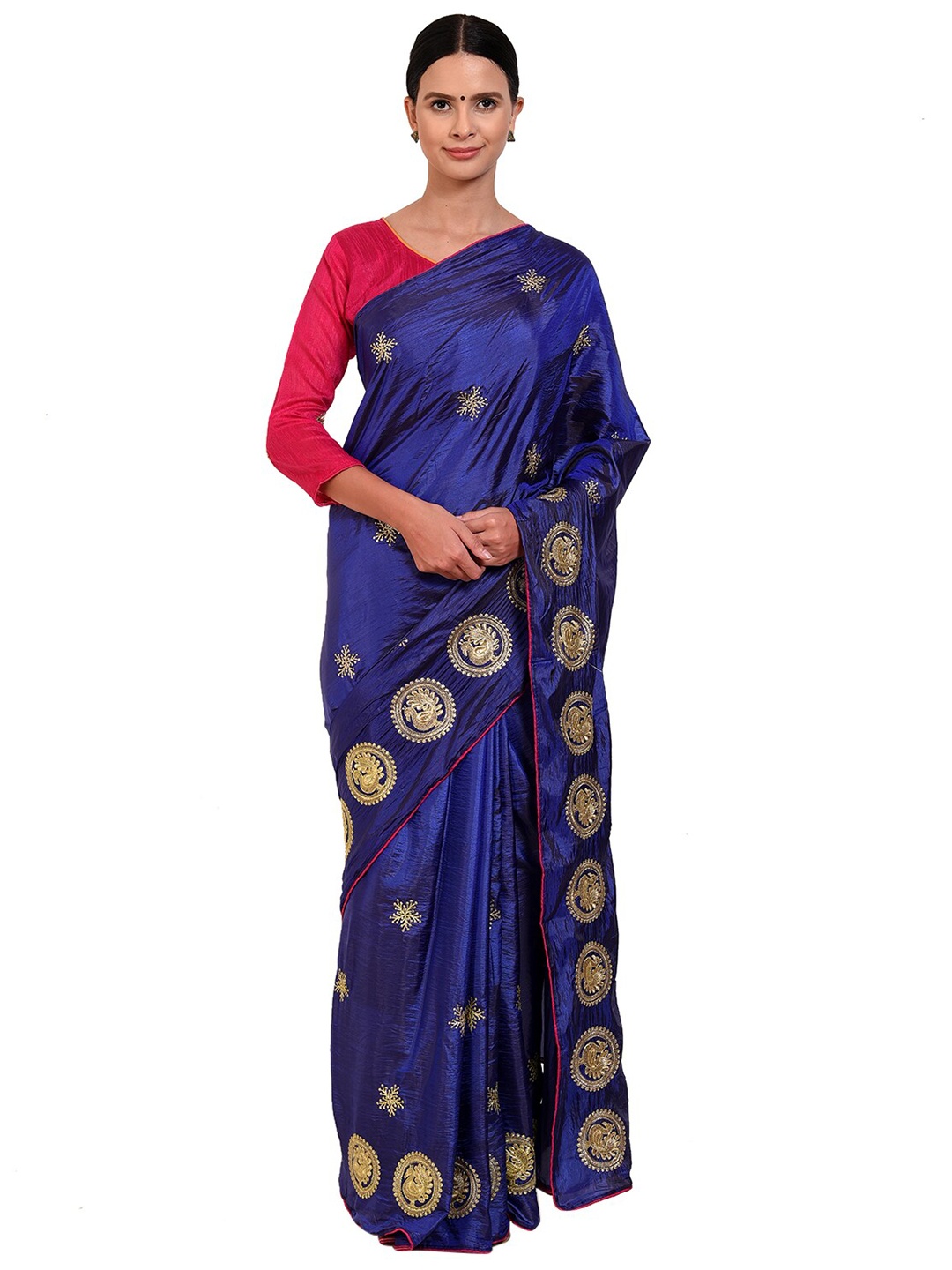 

SAADHVI Blue & Gold-Toned Ethnic Motifs Embroidered Saree
