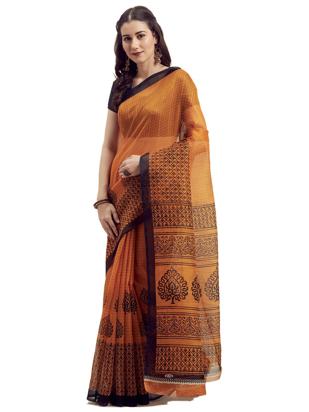 

SAADHVI Yellow & Black Floral Art Silk Saree