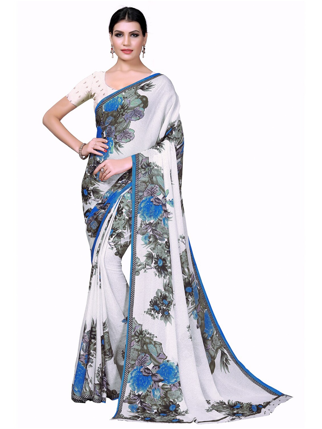 

SAADHVI Blue & White Floral Pure Georgette Saree