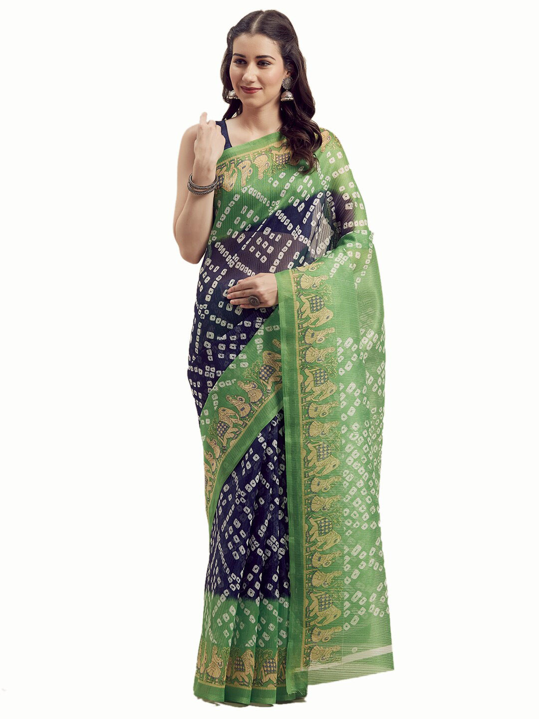 

SAADHVI Green & Navy Blue Bandhani Printed Art Silk Saree