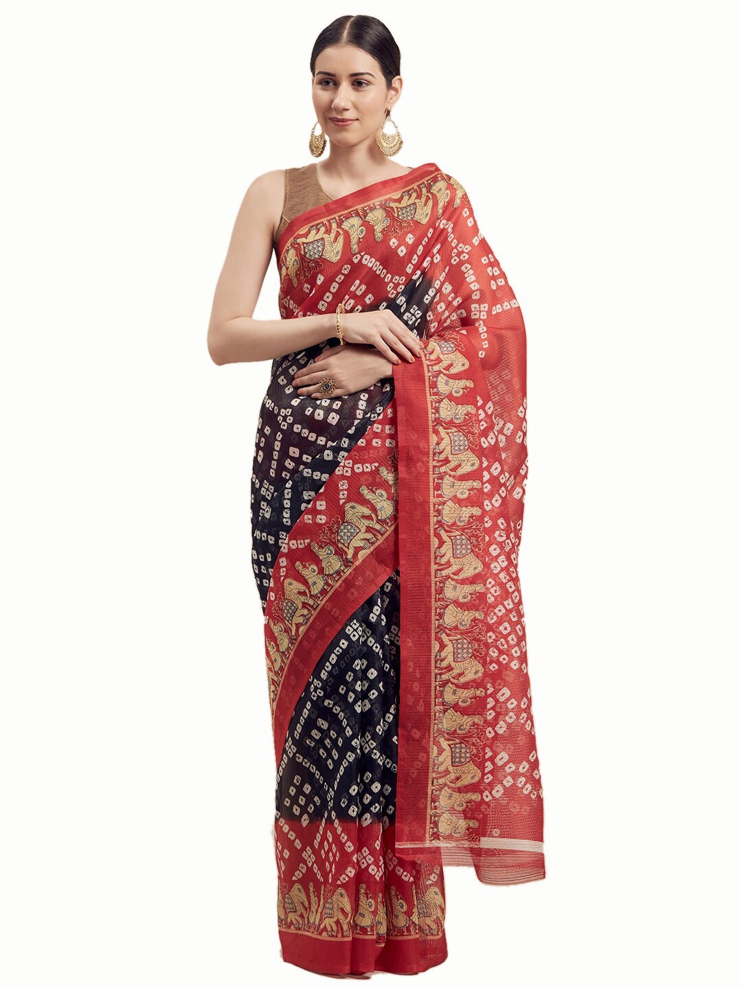 

SAADHVI Red & Blue Bandhani Art Silk Saree