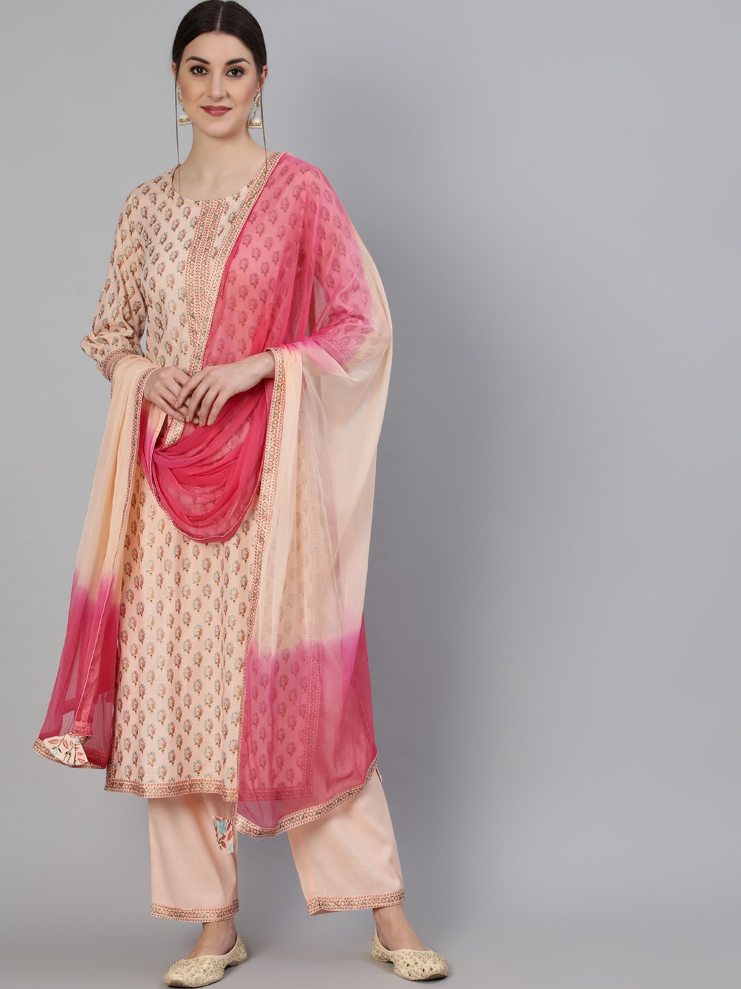 

GULMOHAR JAIPUR Peach-Coloured Printed Kurta with Trousers & With Dupatta