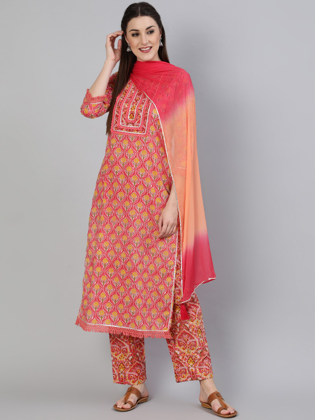

GULMOHAR JAIPUR Women Coral Printed Pure Cotton Kurta With Trousers & Dupatta