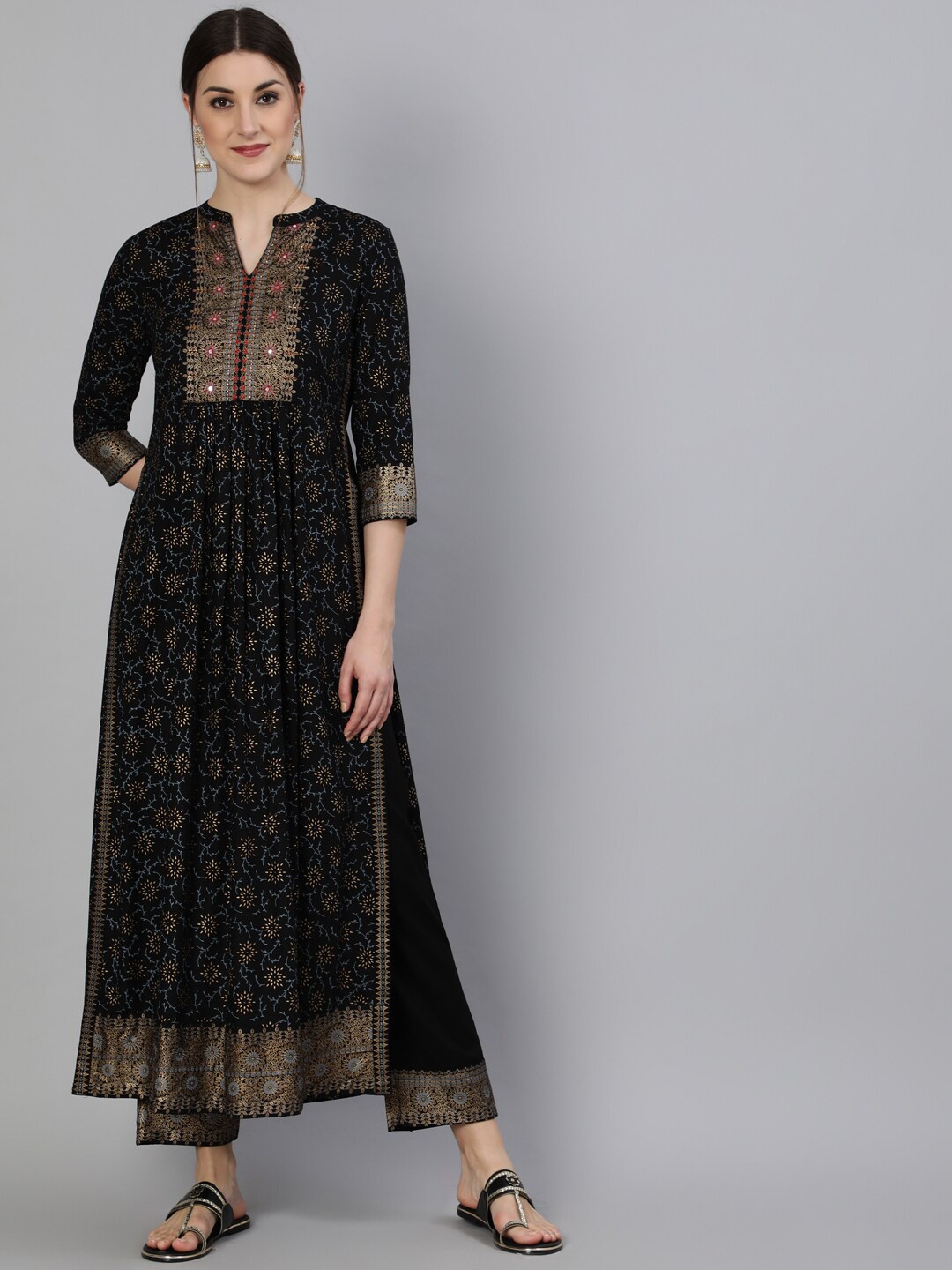 

GULMOHAR JAIPUR Women Black Printed Panelled Kurta with Trousers