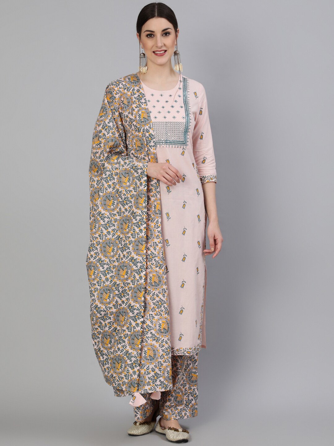 

GULMOHAR JAIPUR Women Pink Floral Printed Thread Work Kurta with Palazzos & With Dupatta