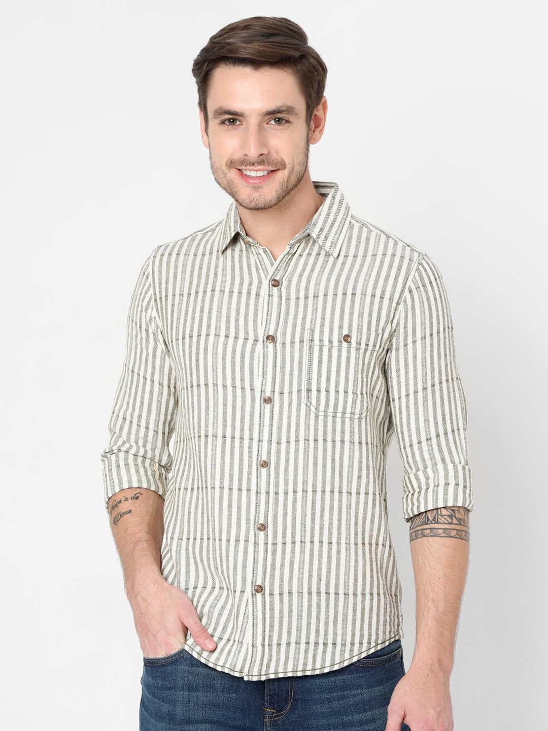 

Mufti Men Olive Green Slim Fit Striped Casual Shirt