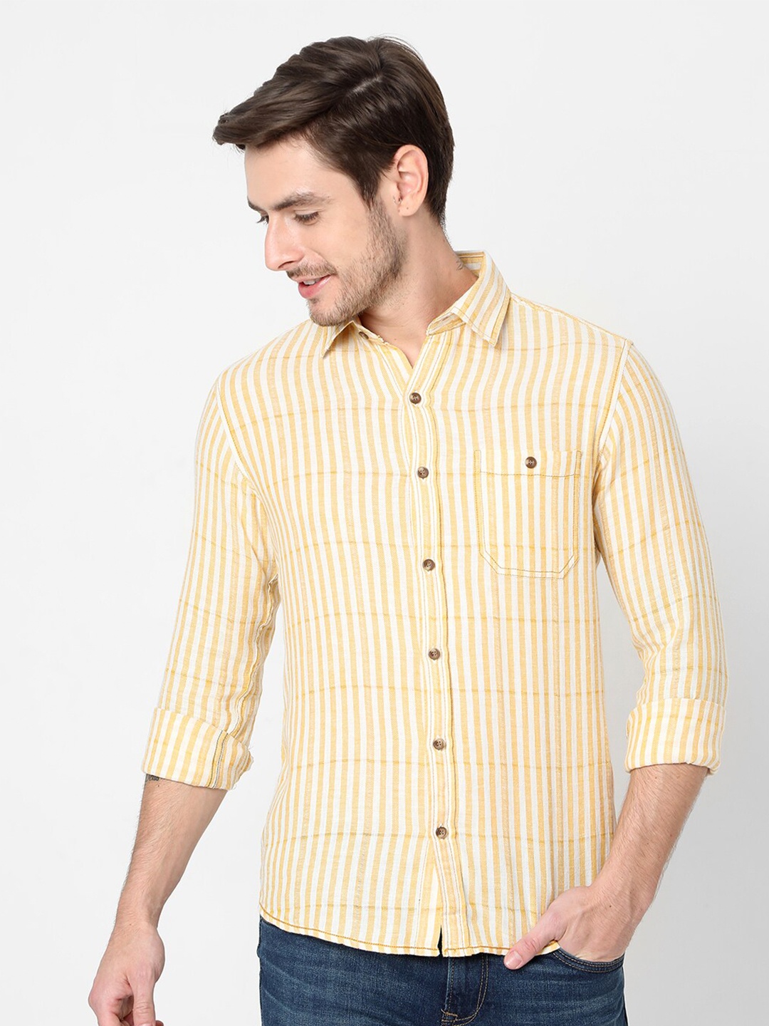 

Mufti Men Yellow Slim Fit Striped Casual Shirt
