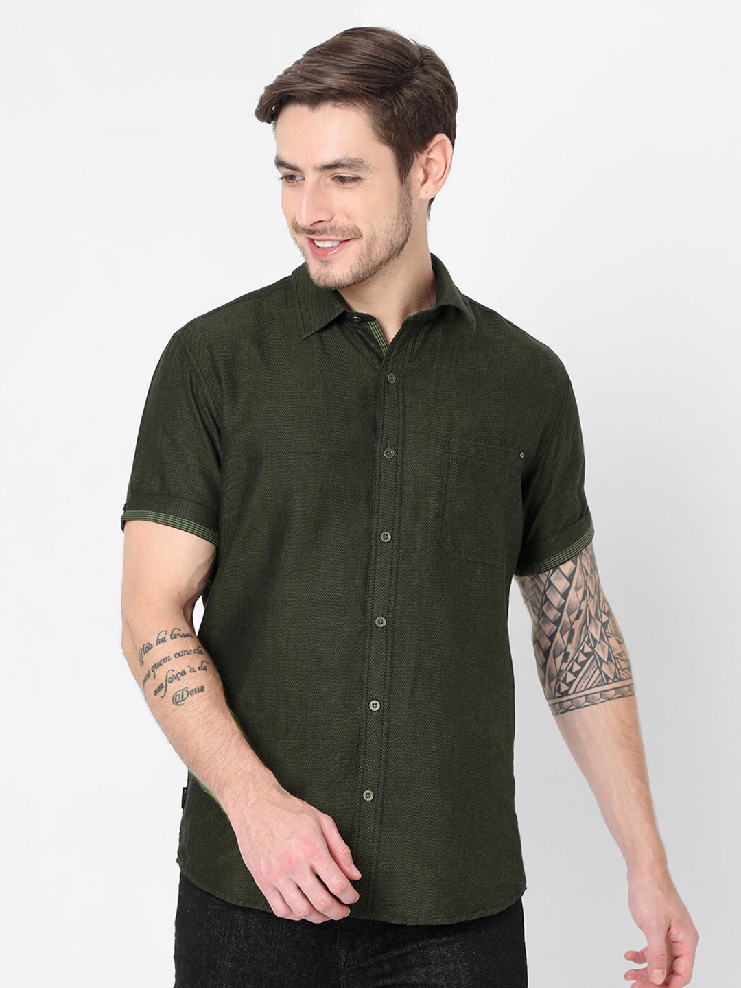 

Mufti Men Olive Green Slim Fit Casual Shirt