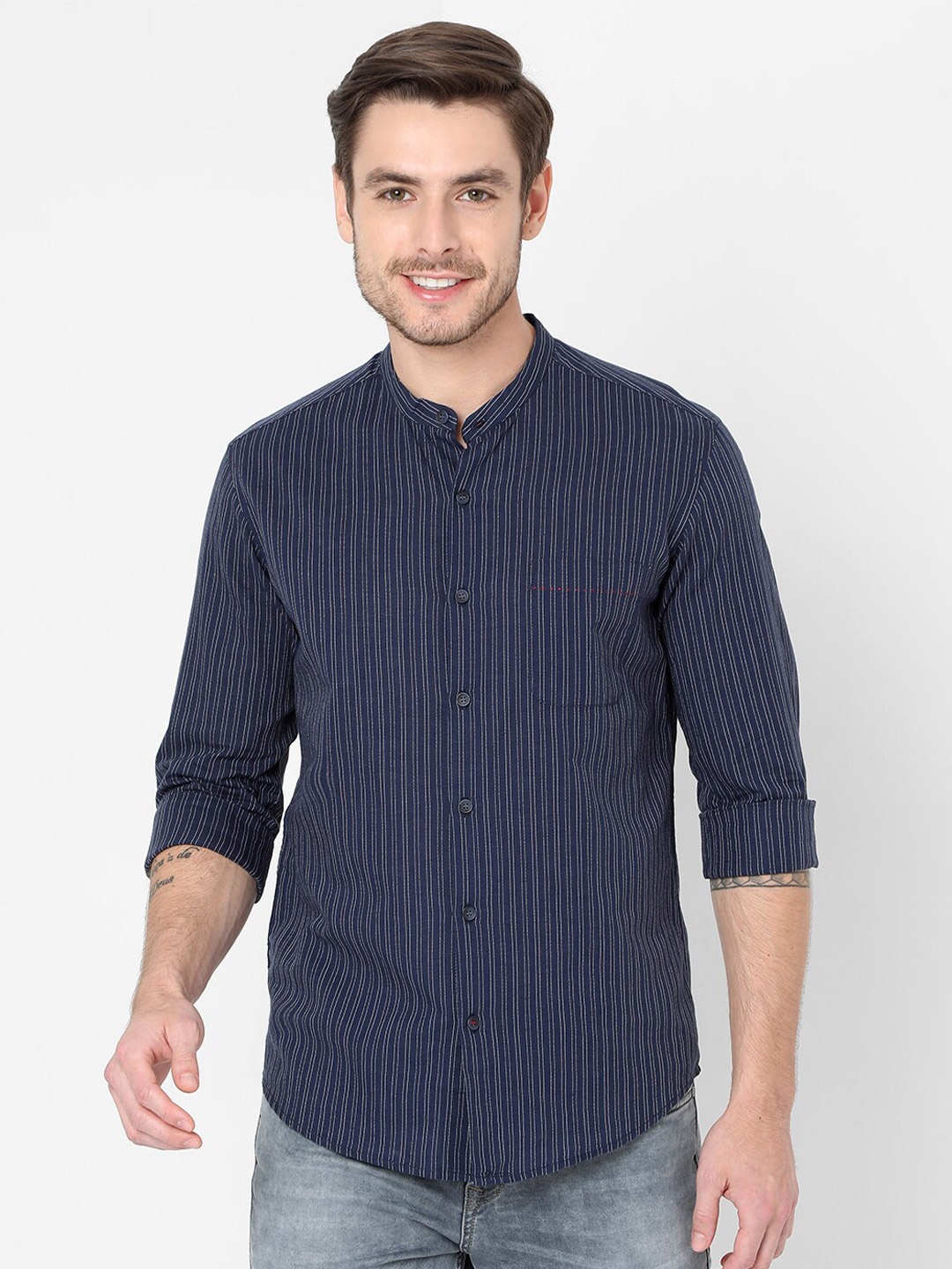 

Mufti Men Blue Slim Fit Striped Cotton Casual Shirt