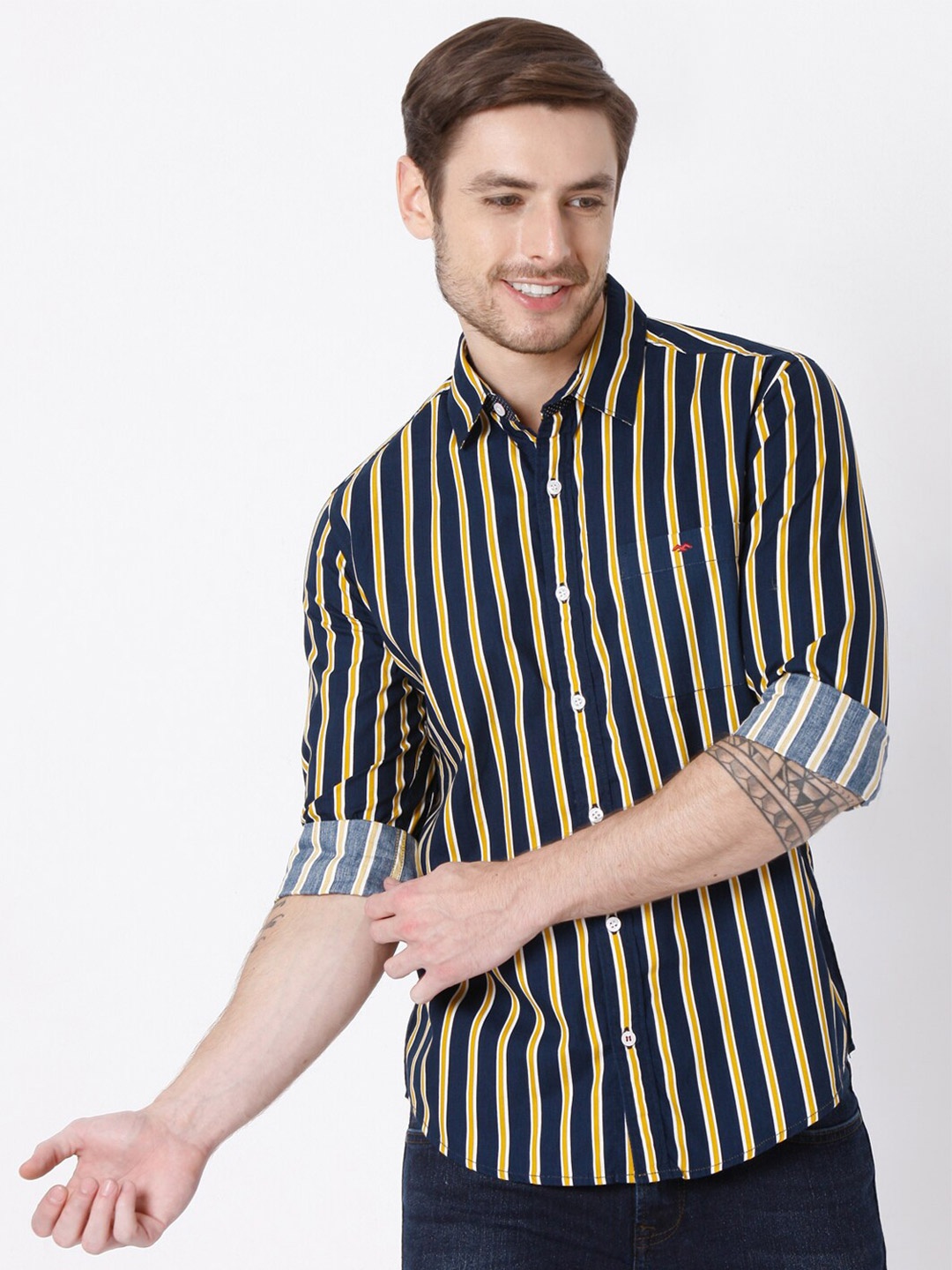 

Mufti Men Navy Blue & Yellow Slim Fit Striped Casual Shirt