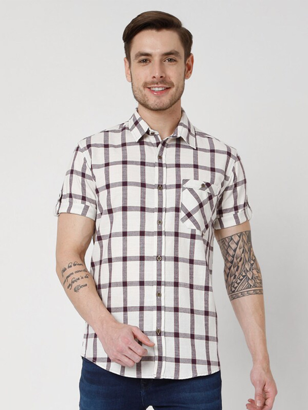 

Mufti Men Off White Slim Fit Tartan Checks Checked Casual Shirt