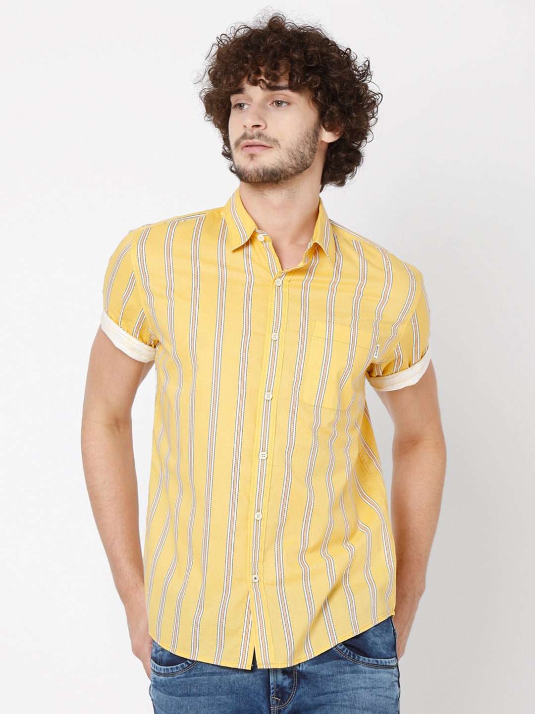 

Mufti Men Yellow Slim Fit Striped Casual Shirt