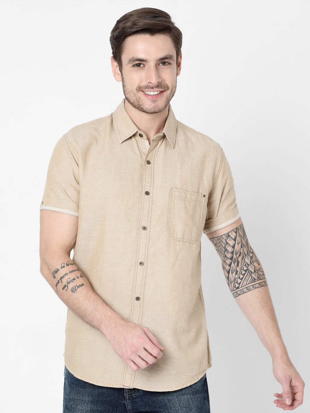 

Mufti Men Beige Slim Fit Casual Shirt