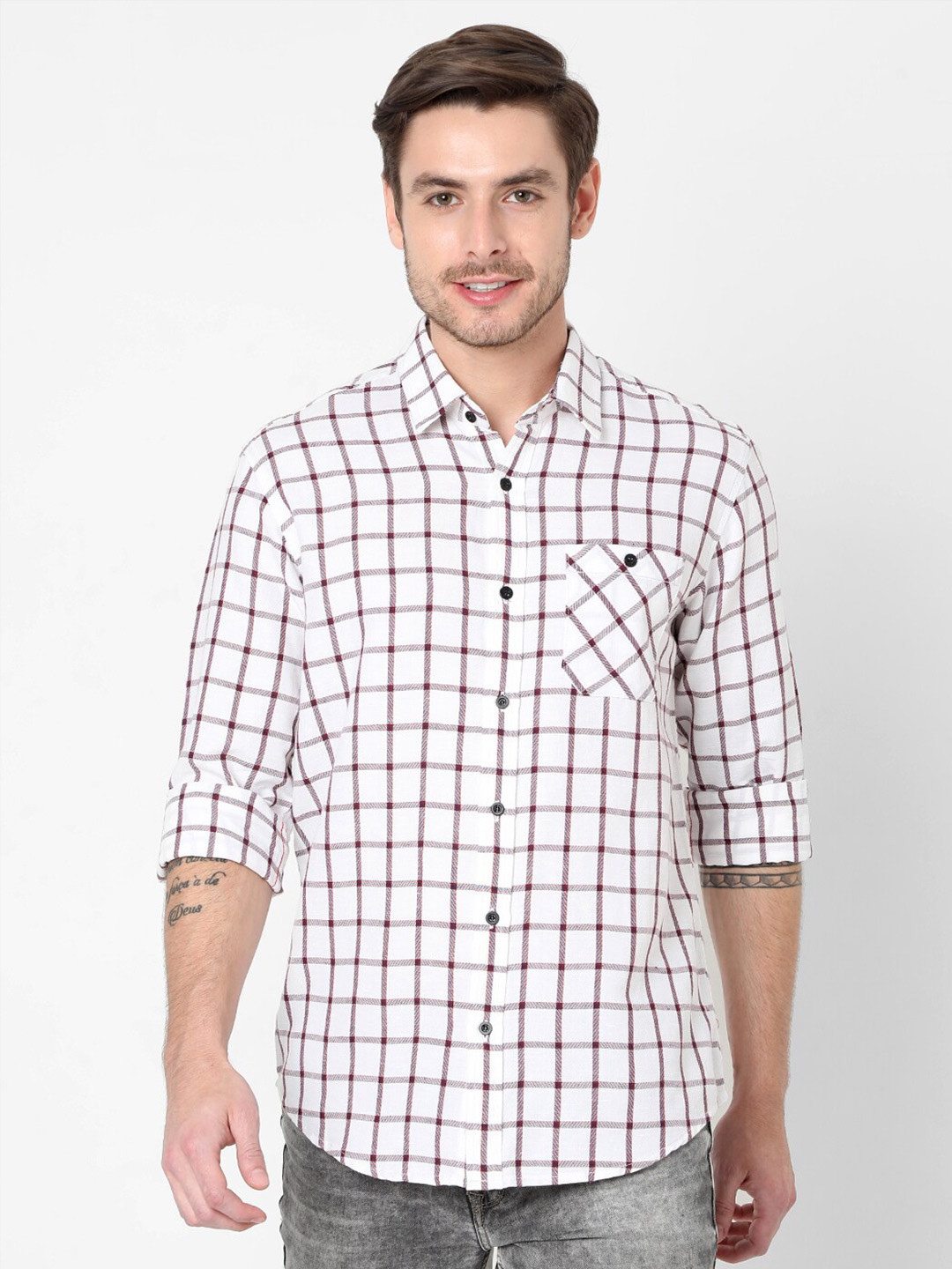 

Mufti Men Off White & Maroon Slim Fit Windowpane Checked Casual Shirt