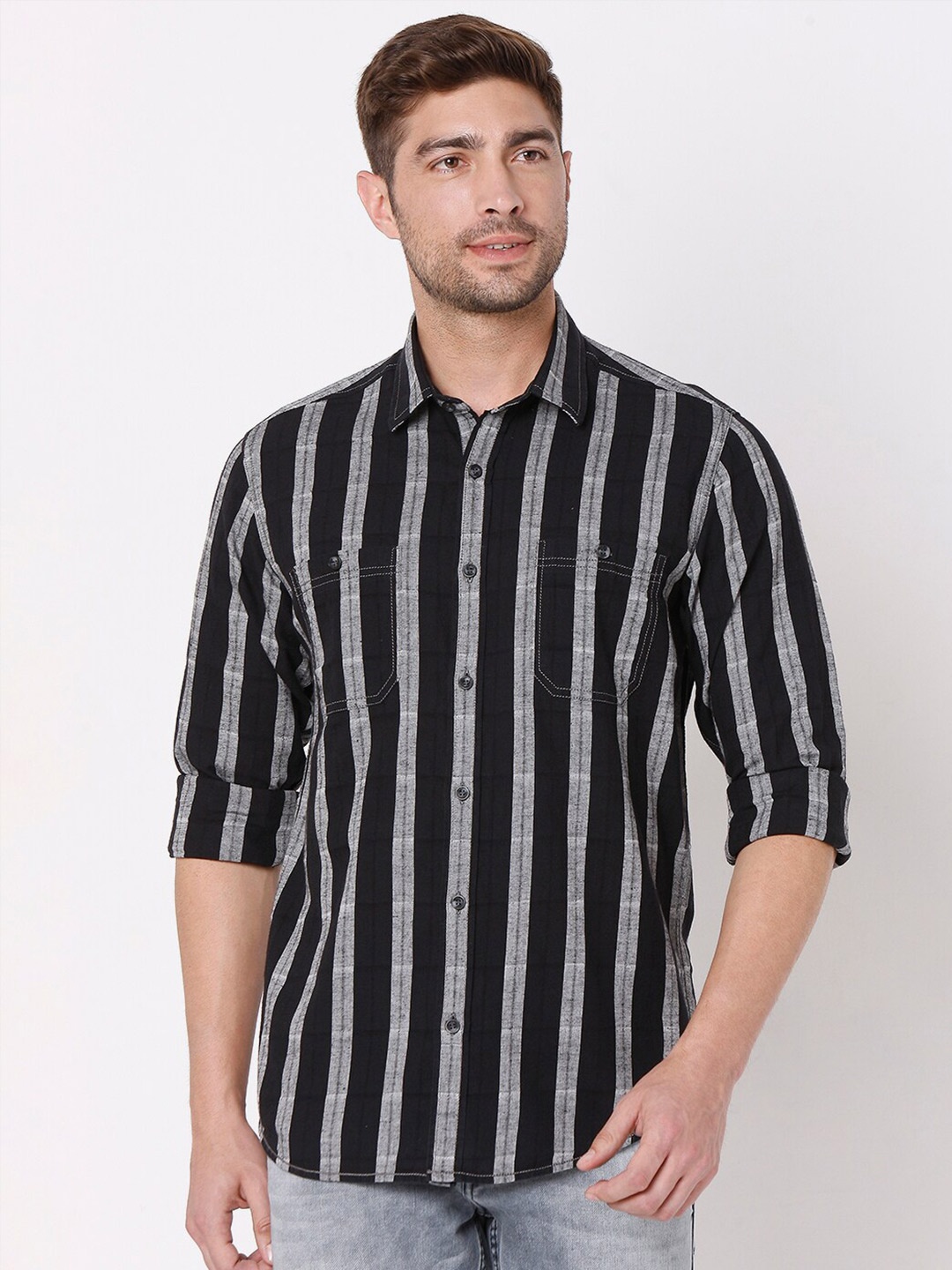 

Mufti Men Black & Grey Slim Fit Striped Casual Shirt