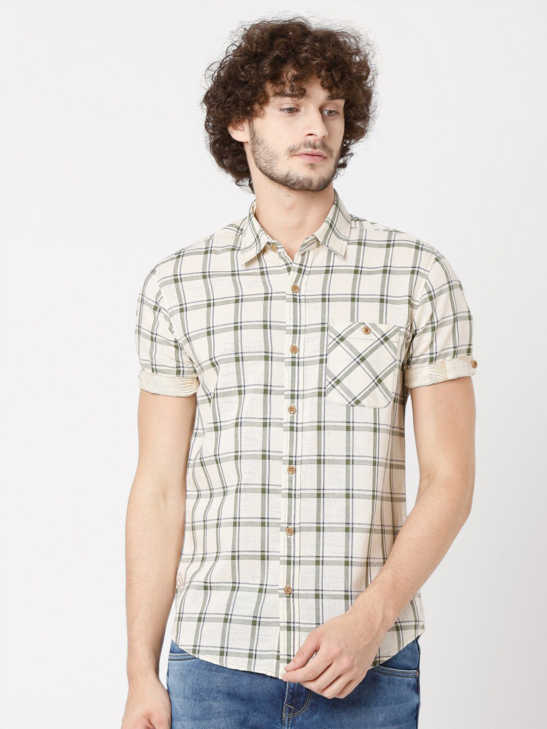 

Mufti Men Beige Slim Fit Checked Casual Shirt