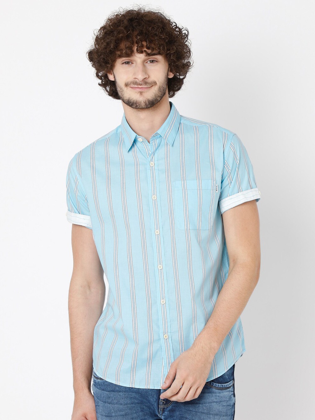 

Mufti Men Sea Green Slim Fit Striped Pure Cotton Casual Shirt