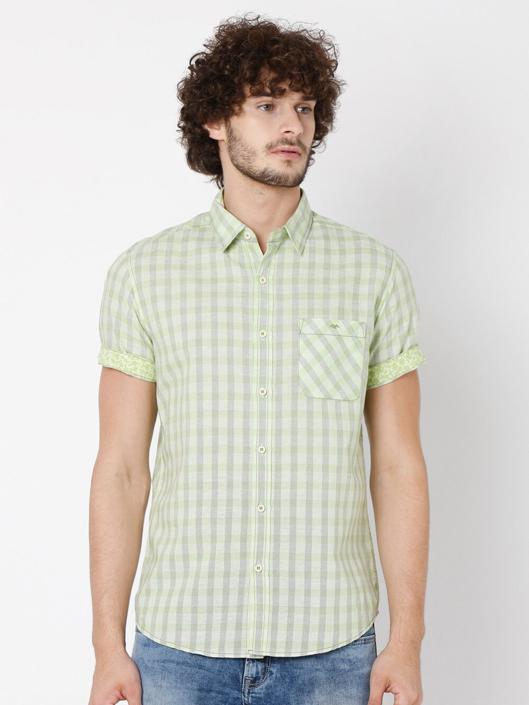 

Mufti Men Green Slim Fit Gingham Checked Cotton Linen Casual Shirt