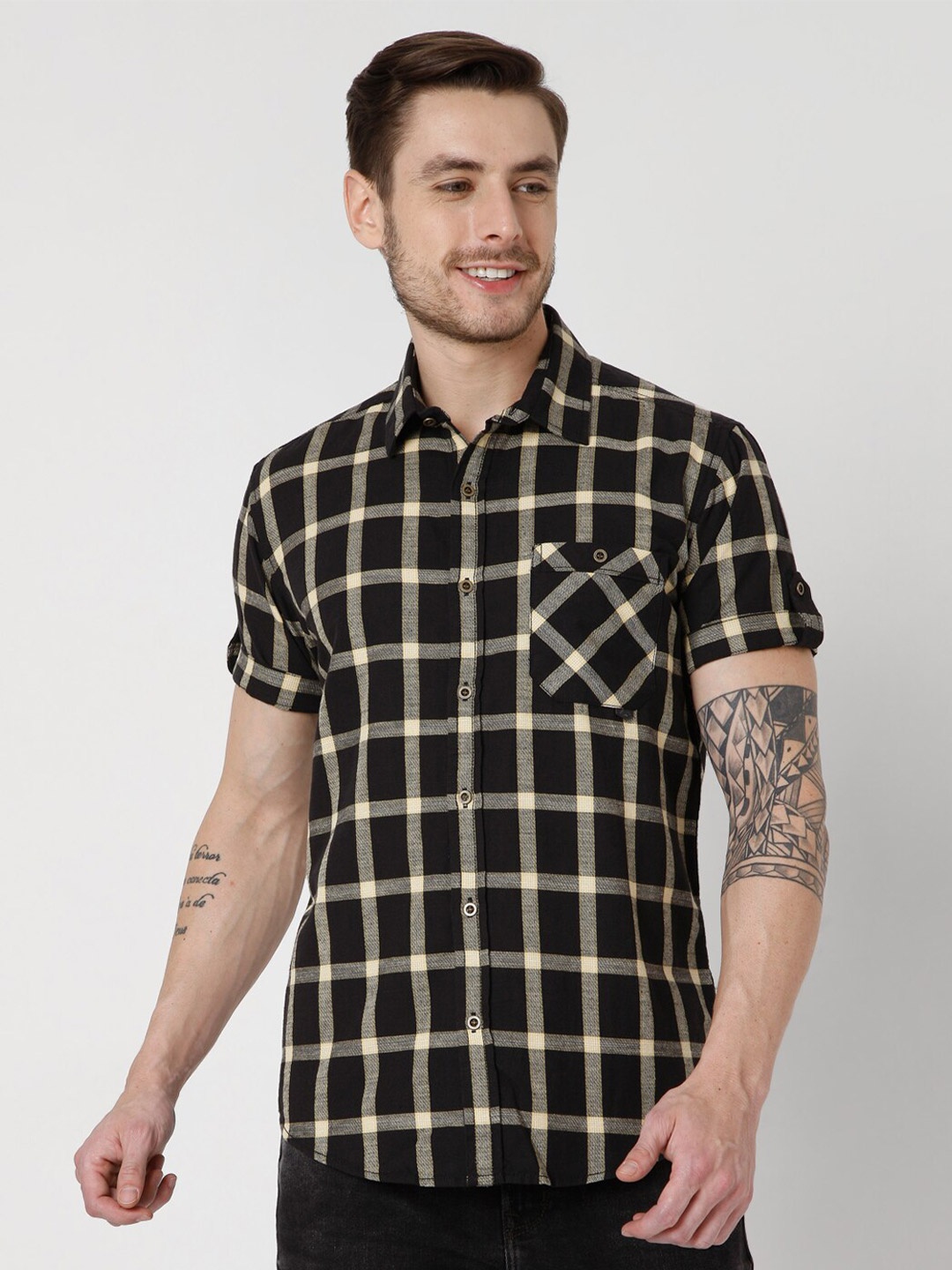 

Mufti Men Charcoal Slim Fit Tartan Checks Checked Casual Shirt