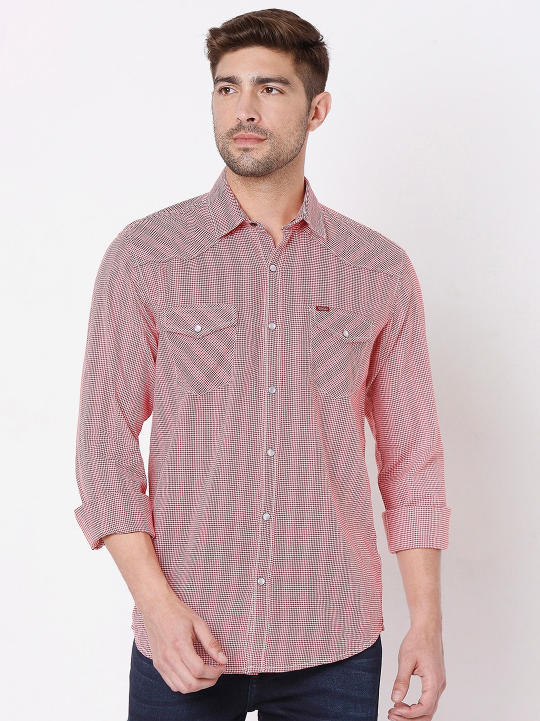 

Mufti Men Red Slim Fit Micro Checks Checked Pure Cotton Casual Shirt