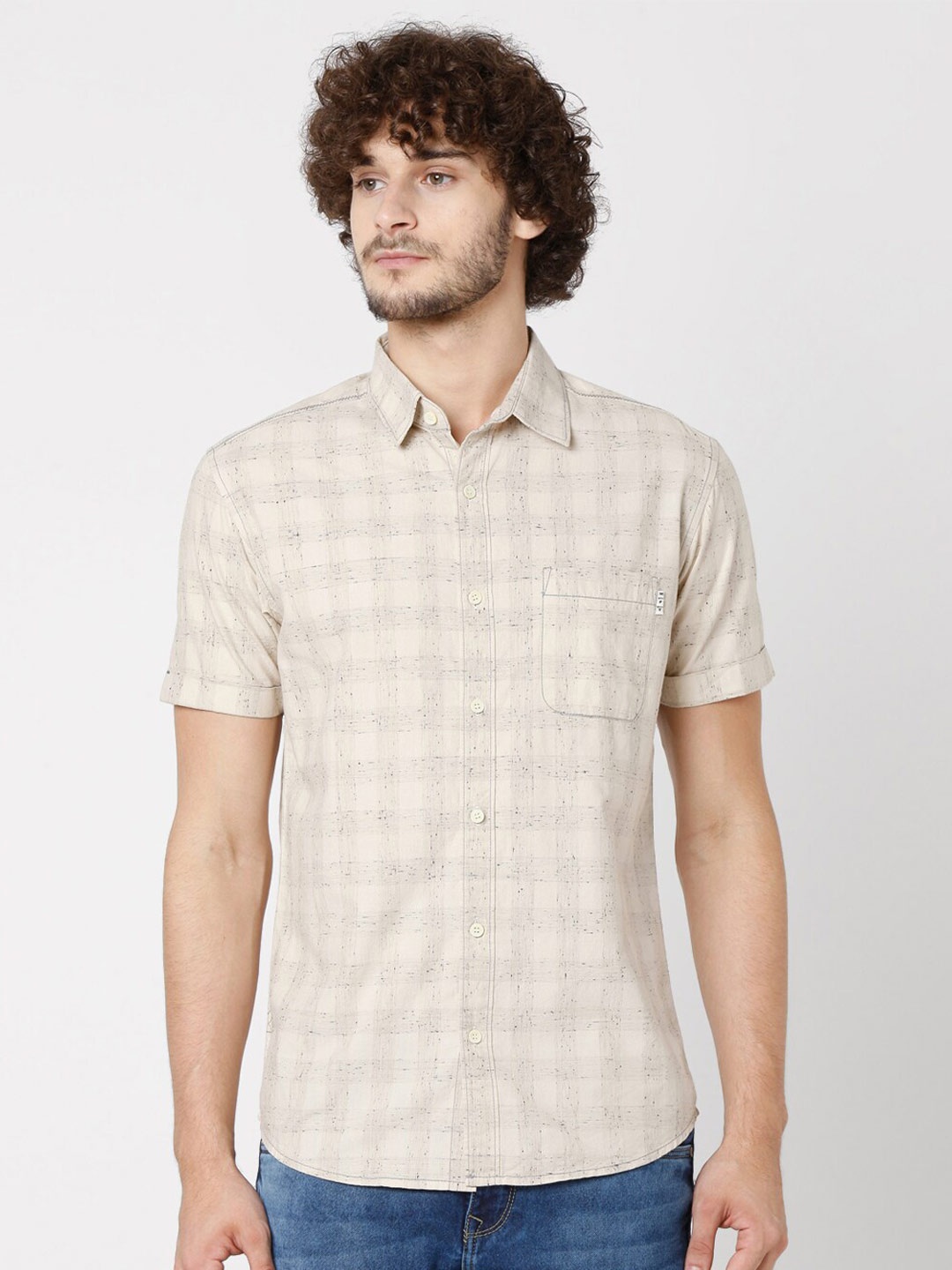 

Mufti Men Beige Slim Fit Checked Casual Shirt