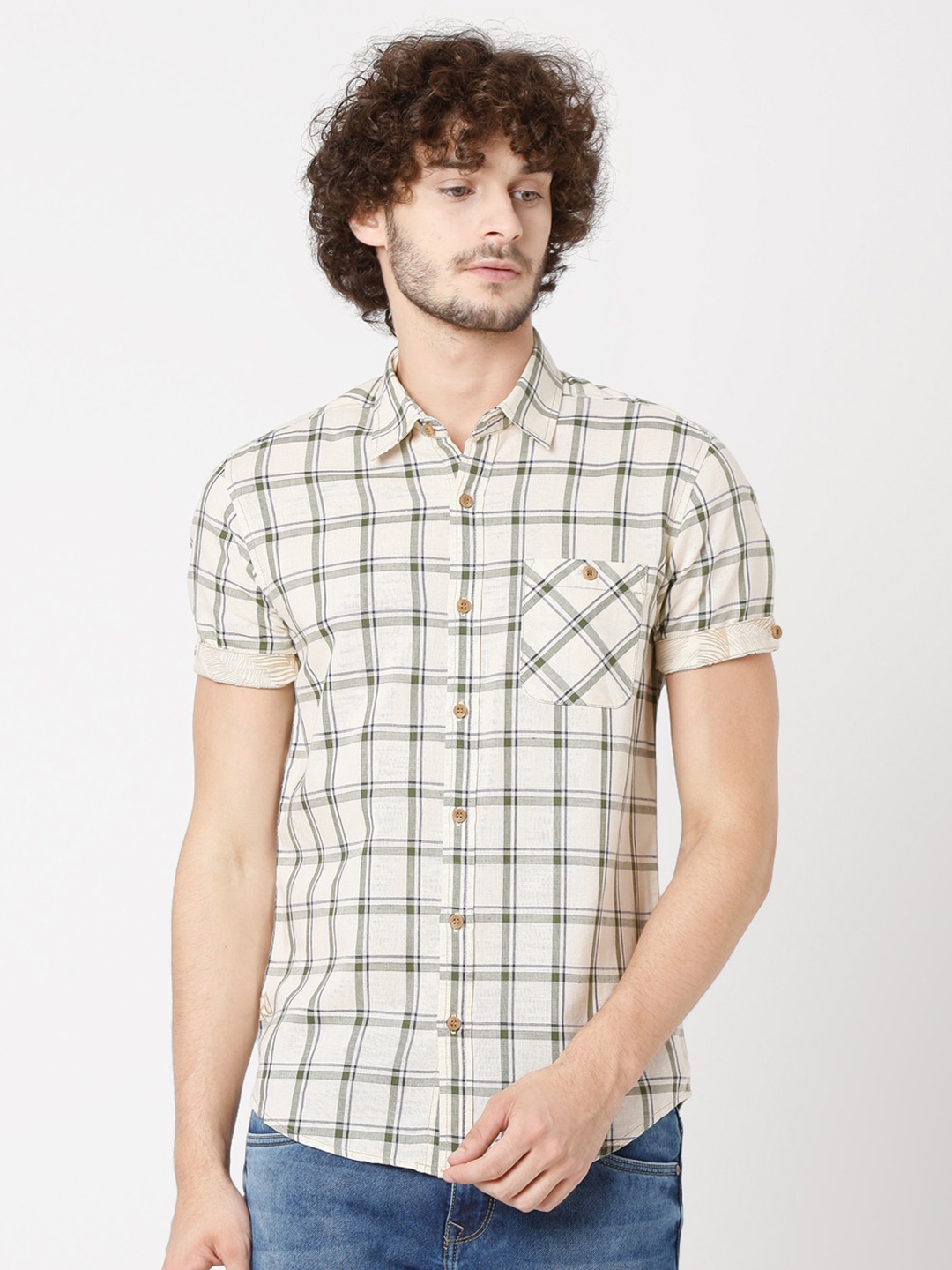 

Mufti Men Beige Slim Fit Checked Cotton Casual Shirt