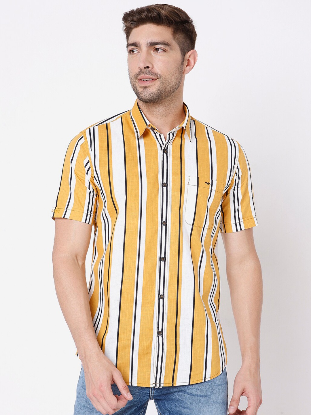 

Mufti Men Off White & Mustard Yellow Slim Fit Striped Pure Cotton Casual Shirt