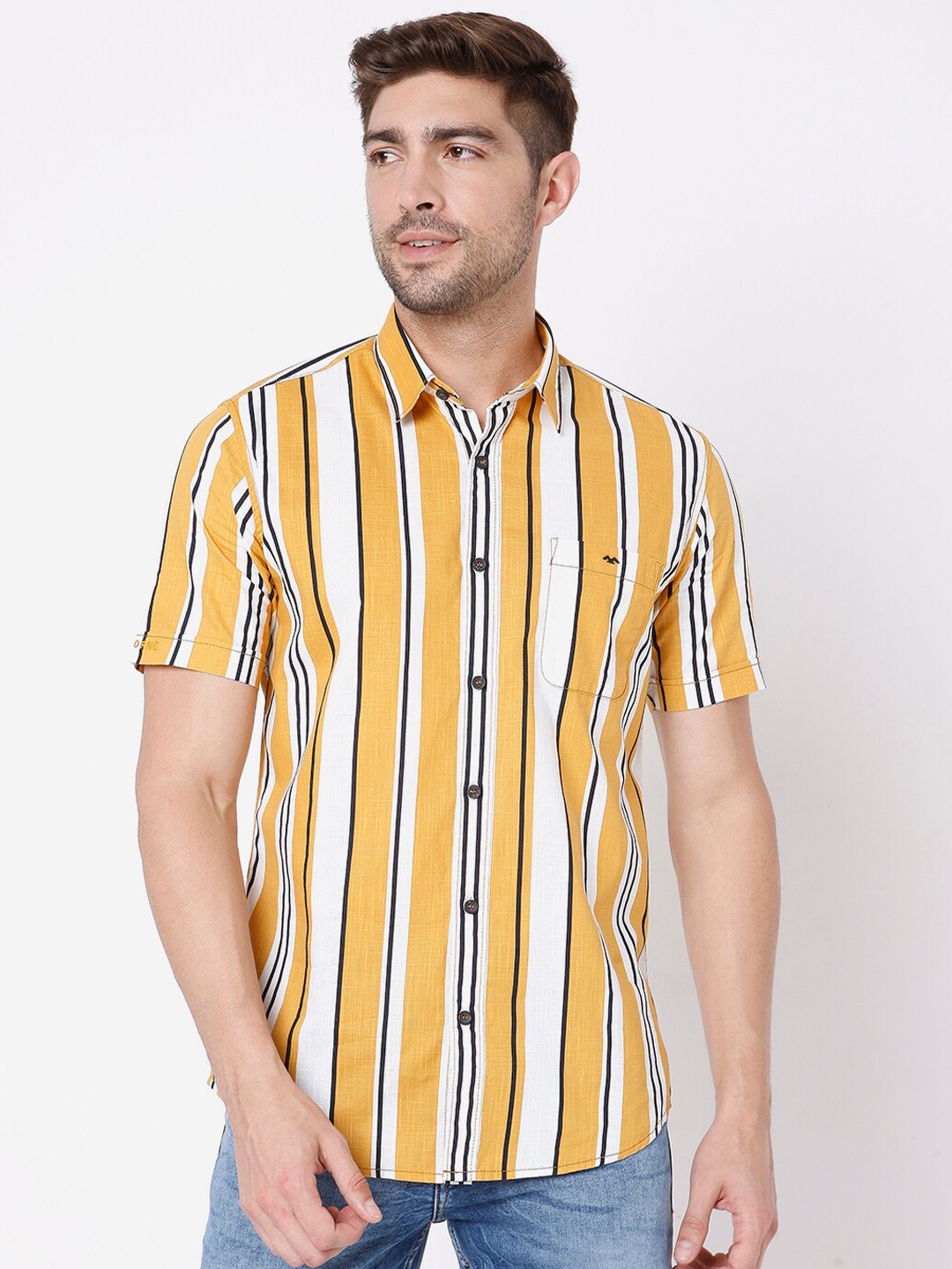 

Mufti Men Mustard & Off White Slim Fit Striped Cotton Casual Shirt