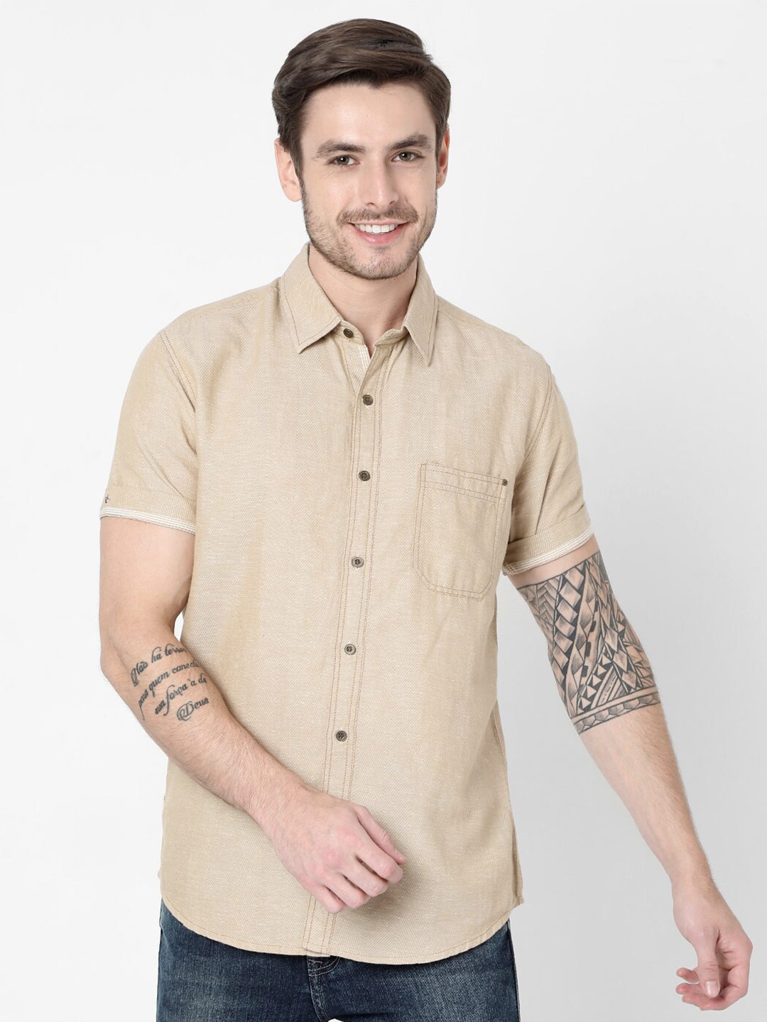 

Mufti Men Beige Slim Fit Casual Shirt