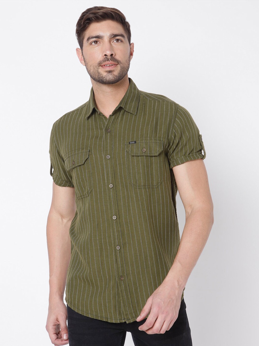 

Mufti Men Olive Green Slim Fit Striped Casual Shirt