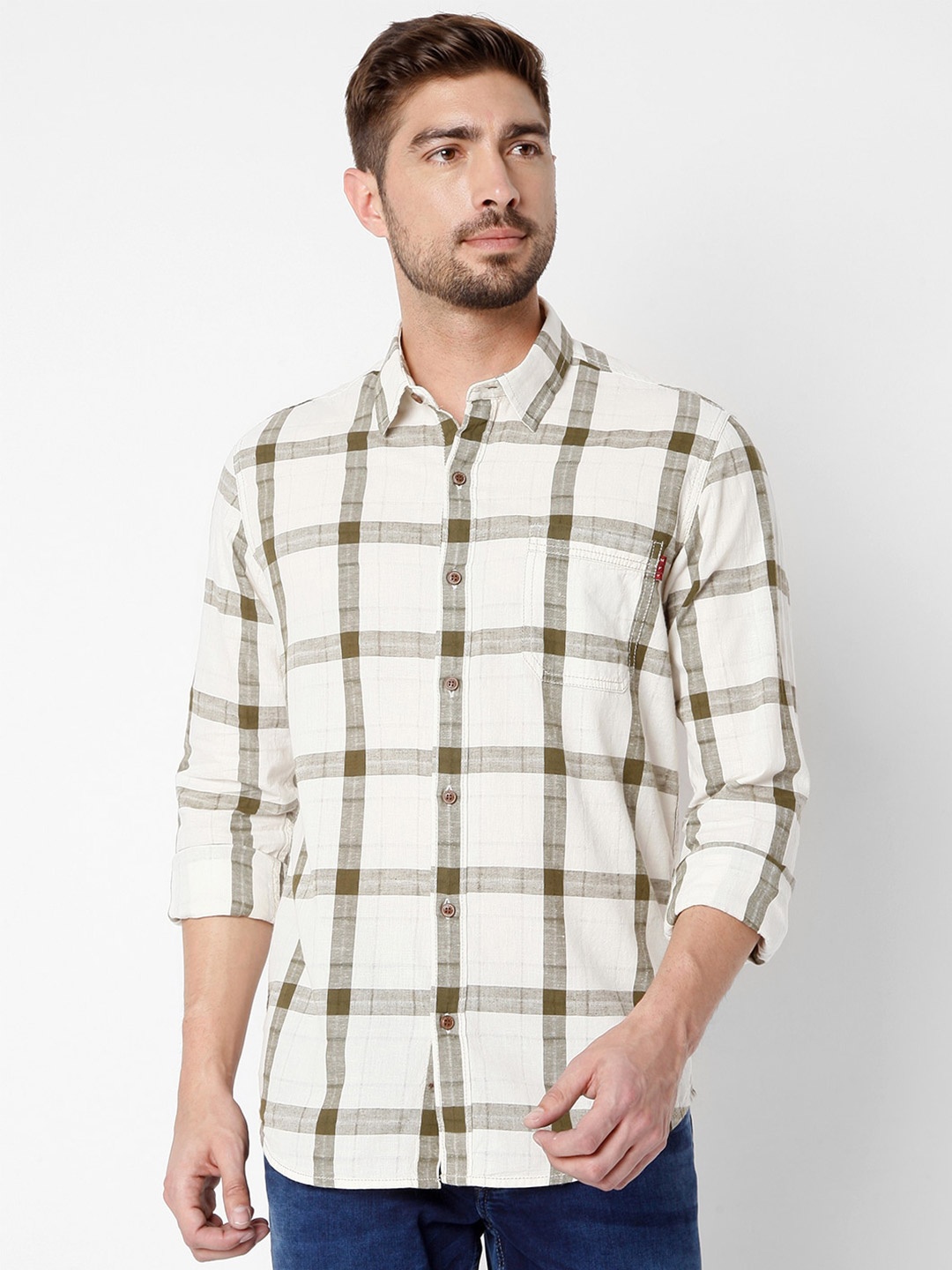 

Mufti Men Beige Slim Fit Windowpane Checks Checked Casual Shirt