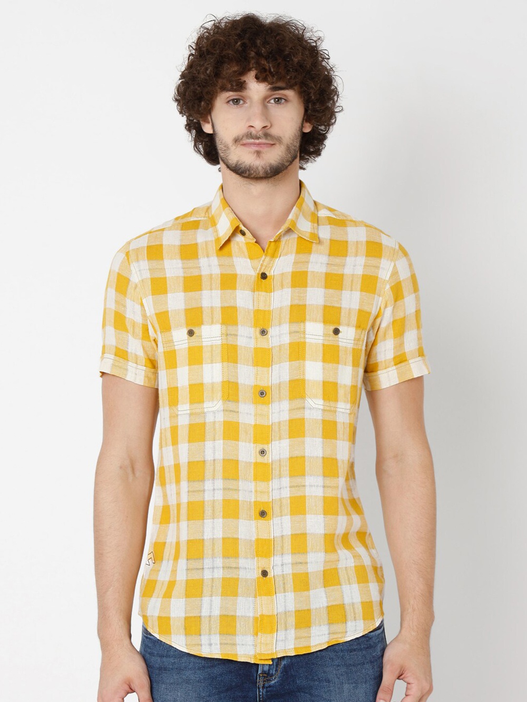 

Mufti Men Yellow & White Slim Fit Checked Cotton Linen Casual Shirt