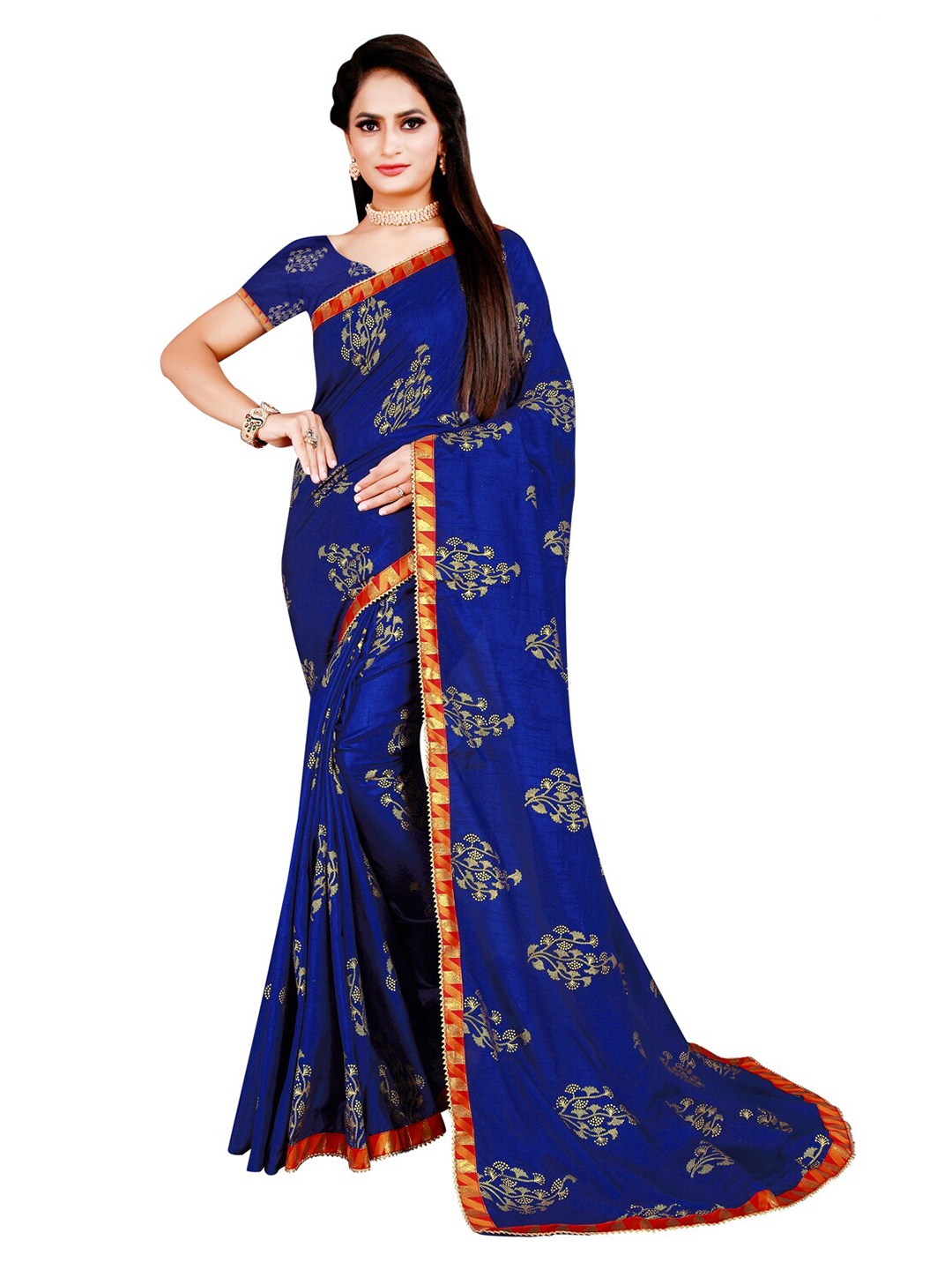 

SAADHVI Blue & Gold-Toned Foil Print Printed Silk Blend Saree