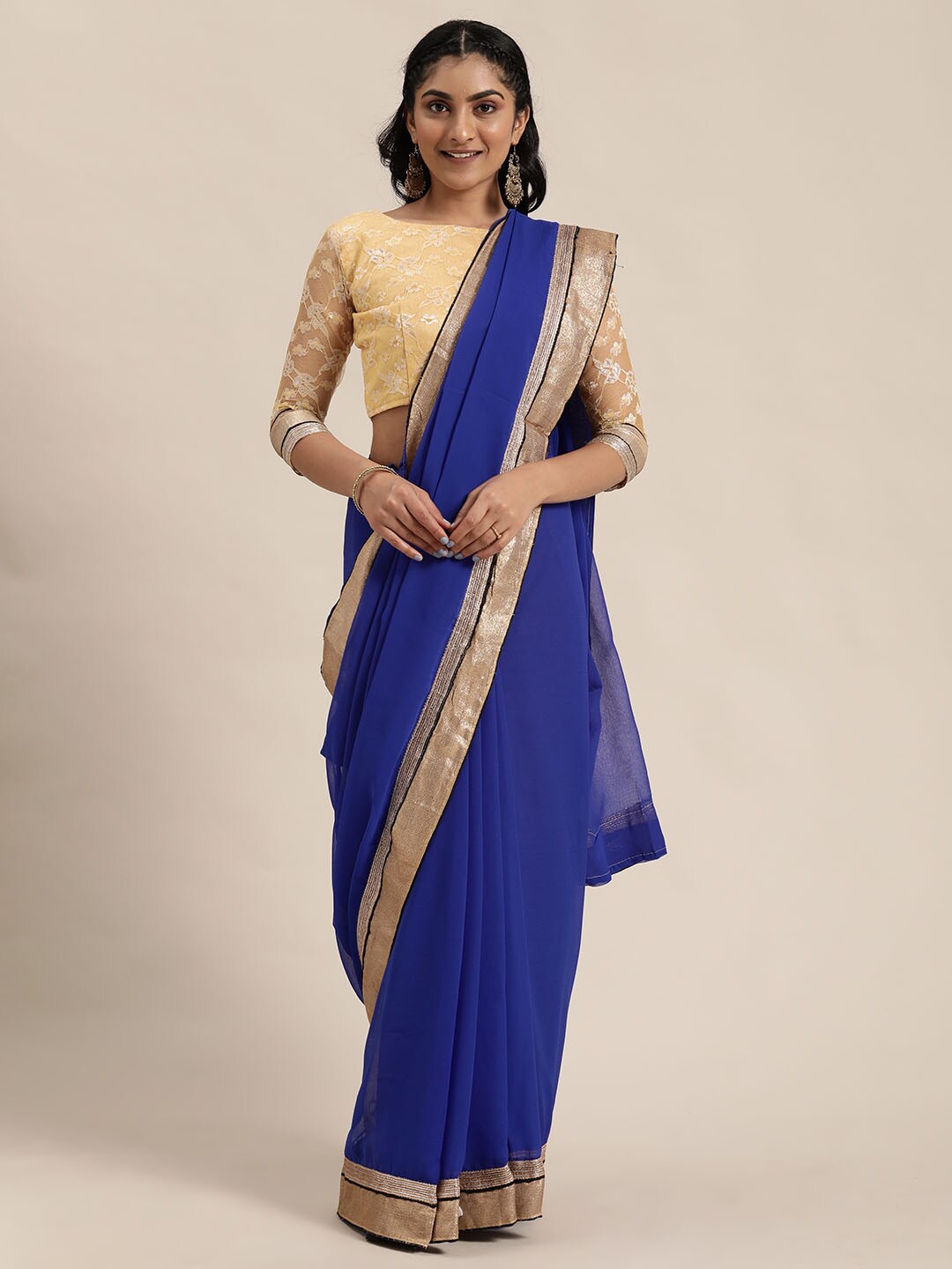 

SAADHVI Blue & Gold-Toned Floral Pure Georgette Saree
