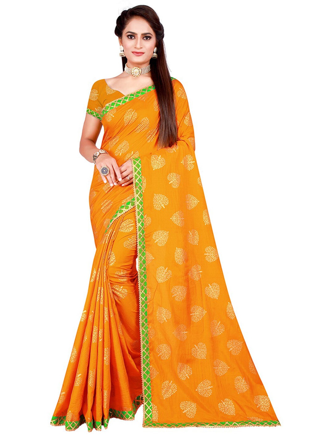 

SAADHVI Mustard & Green Floral Gotta Patti Silk Blend Saree