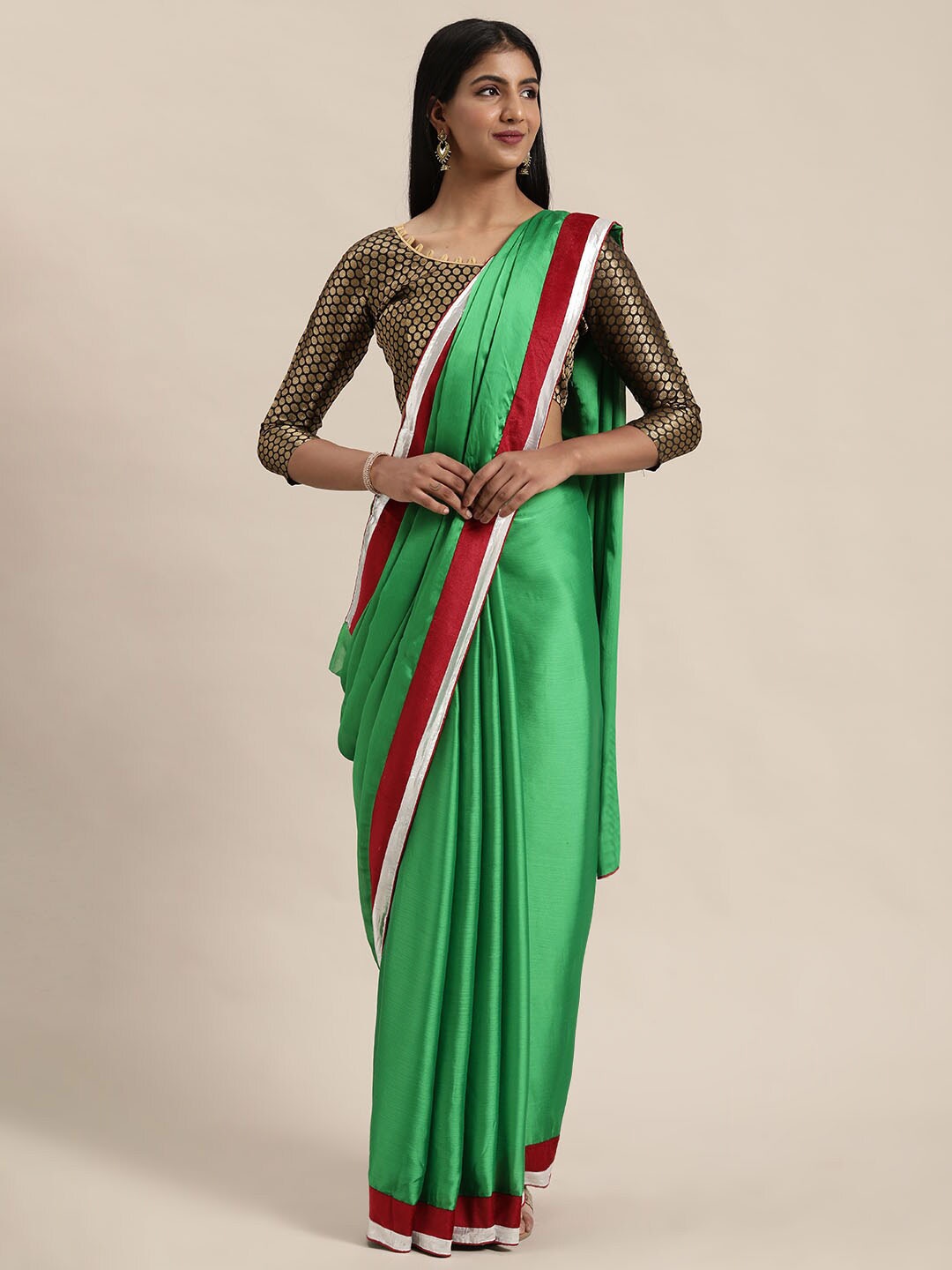 

SAADHVI Green & Red Gotta Patti Satin Saree