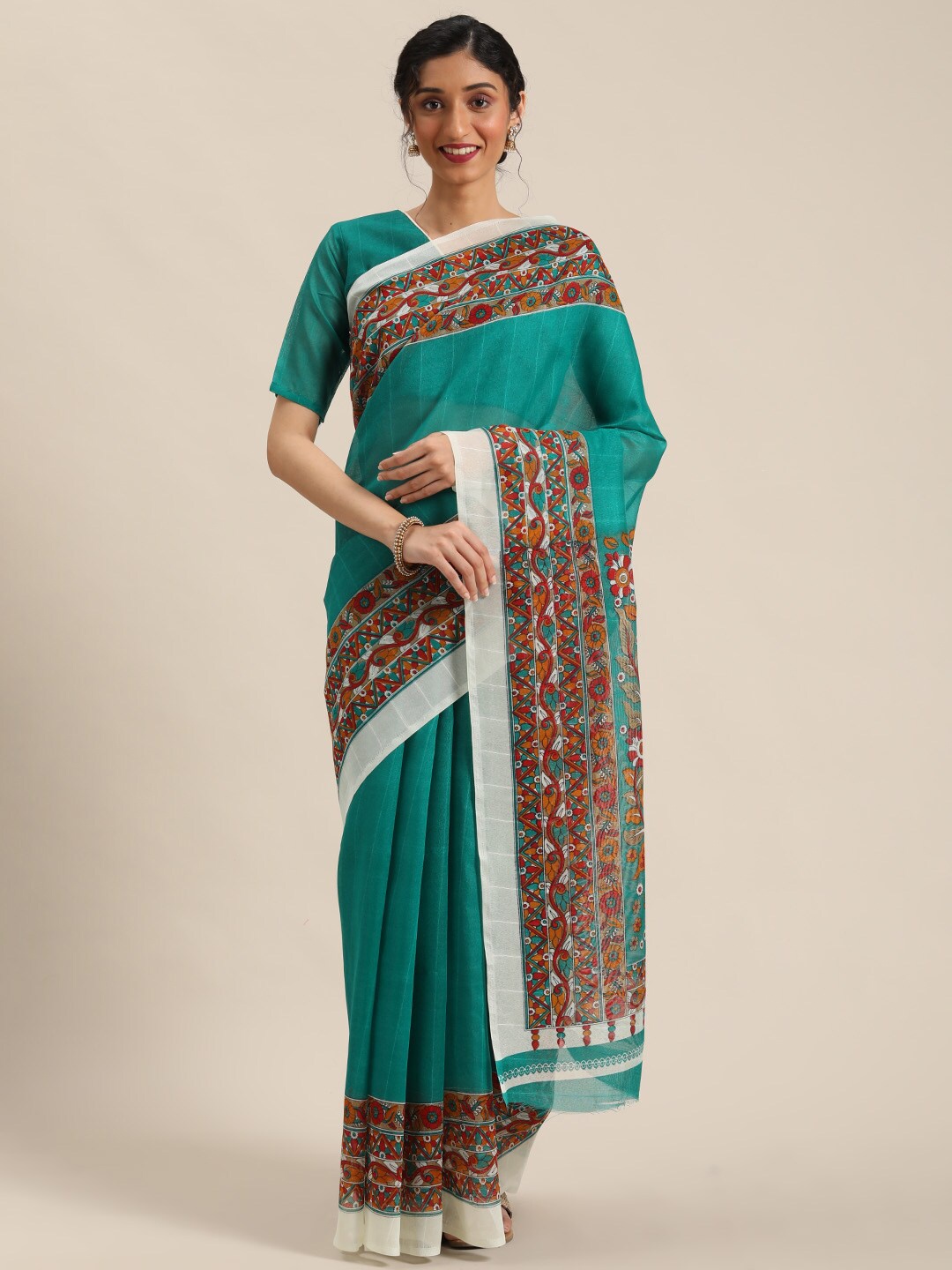 

SAADHVI Turquoise Blue & Red Ethnic Motifs Cotton Saree