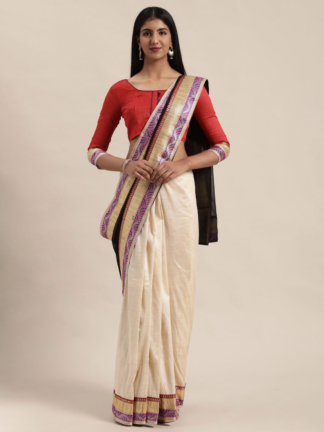 

SAADHVI Beige & Purple Silk Blend Saree