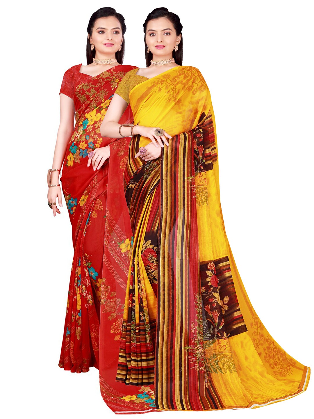 

SAADHVI Pack Of 2 Red & Yellow Floral Georgette Saree