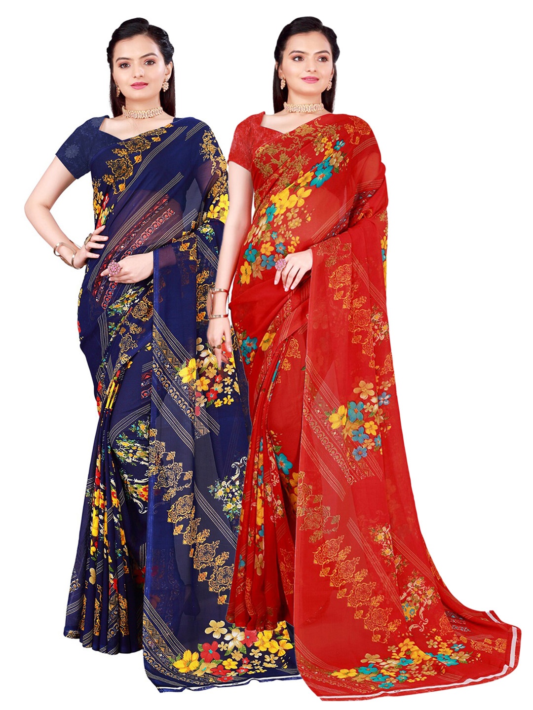 

SAADHVI Set Of 2 Red & Blue Floral Pure Georgette Sarees