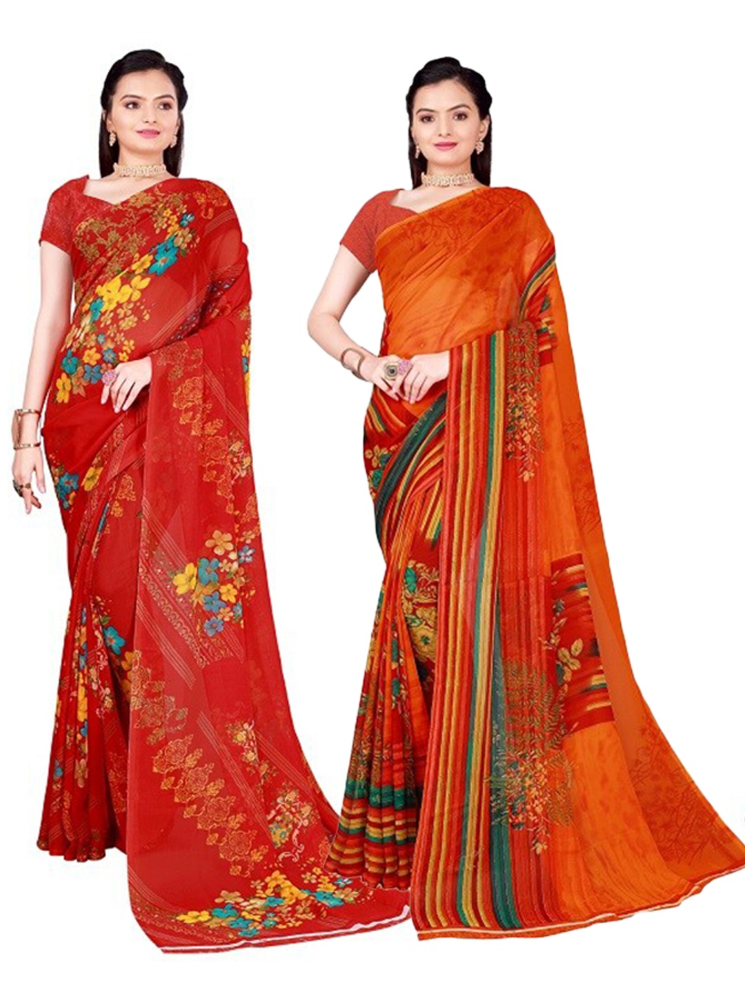 

SAADHVI Pack of 2 Red & Orange Floral Pure Georgette Saree