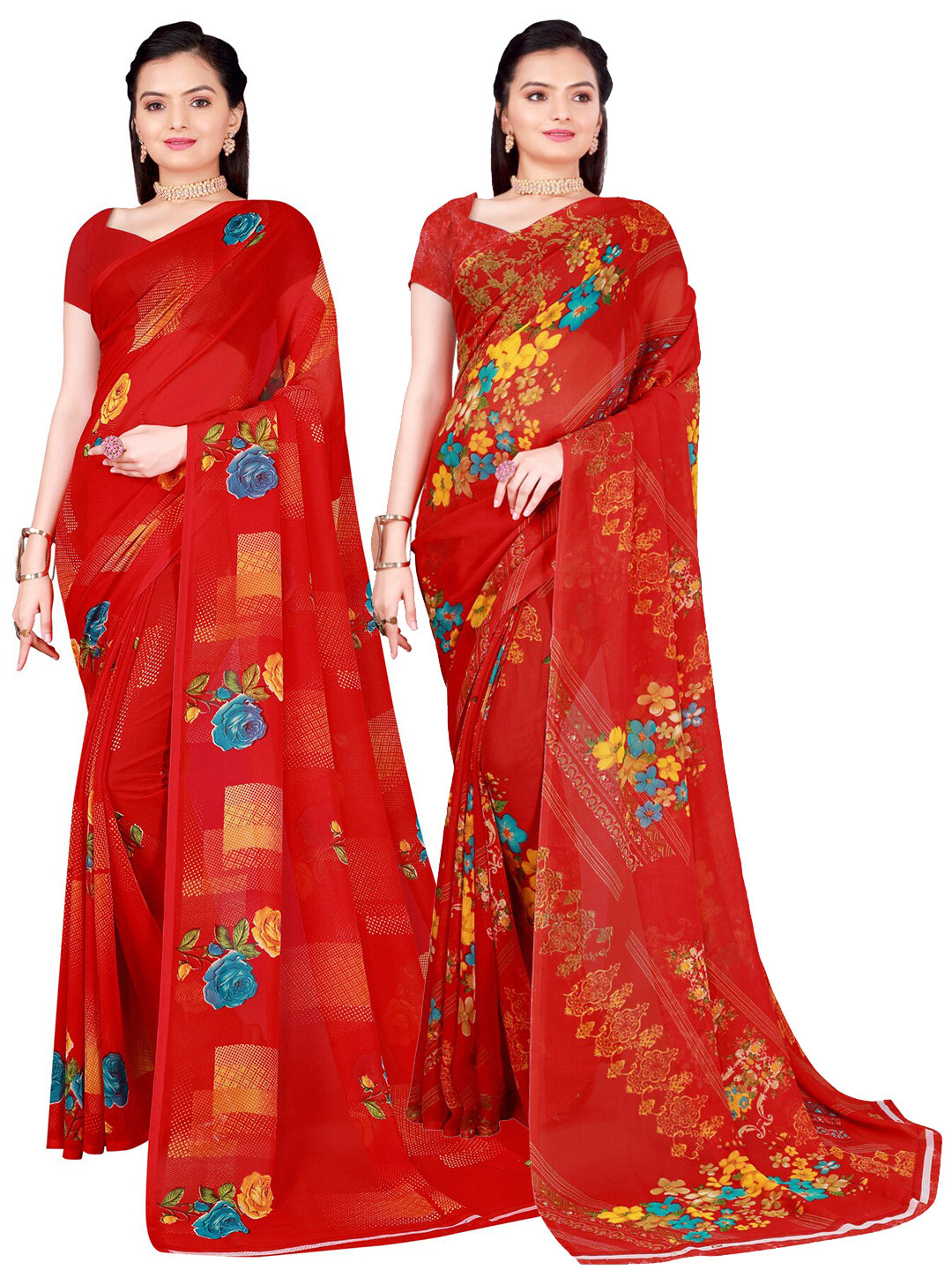 

SAADHVI Pack Of 2 Red Floral Georgette Saree
