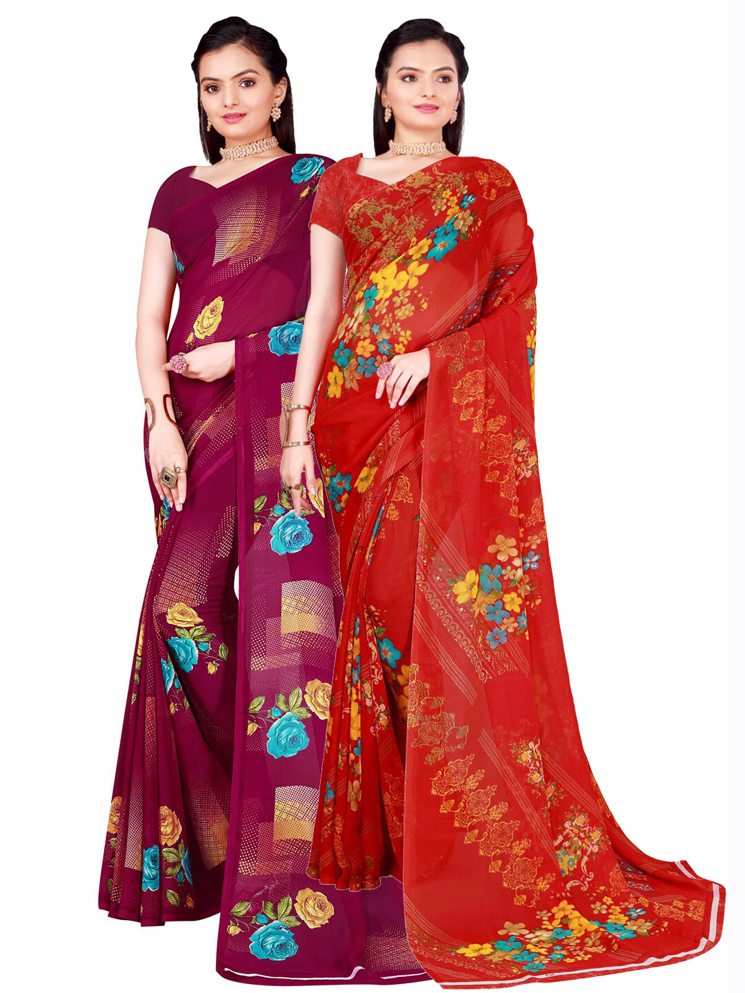 

SAADHVI Pack of 2 Floral Pure Georgette Sarees, Red
