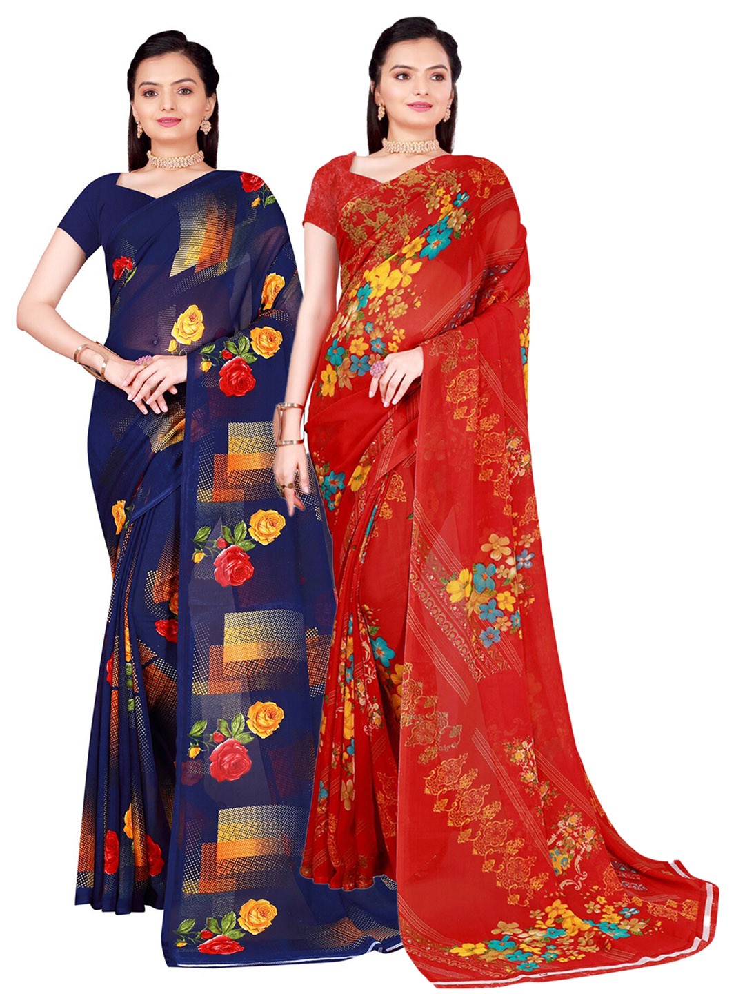 

SAADHVI Pack of 2 Red & Navy Blue Pure Georgette Sarees