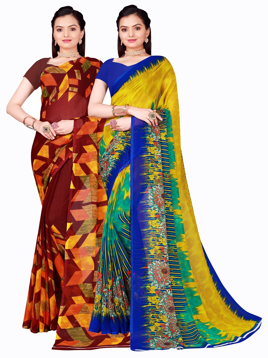 

SAADHVI Pack of 2 Olive Green & Brown Pure Georgette Sarees