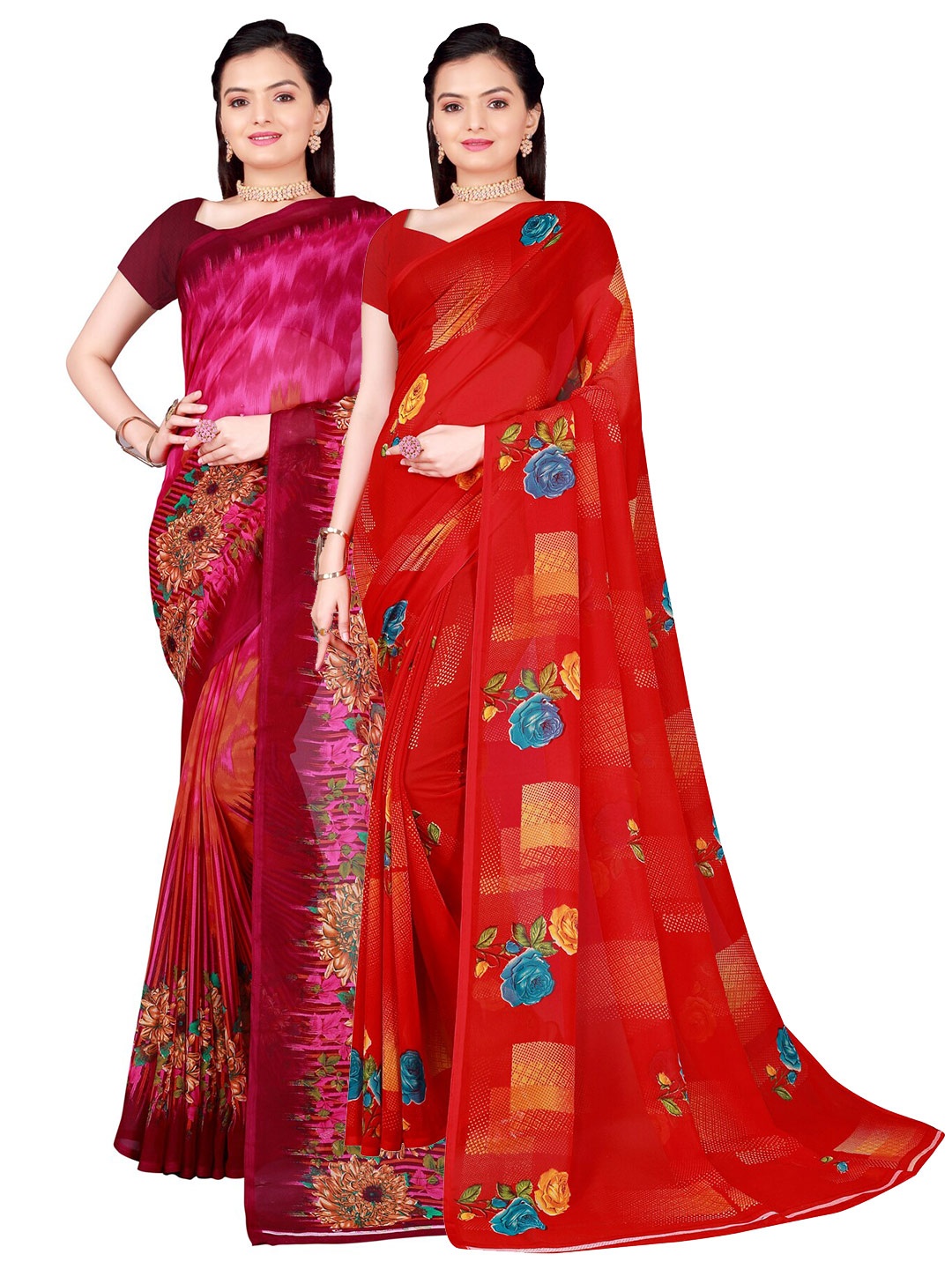 

SAADHVI Pack of 2 Floral Pure Georgette Sarees, Pink