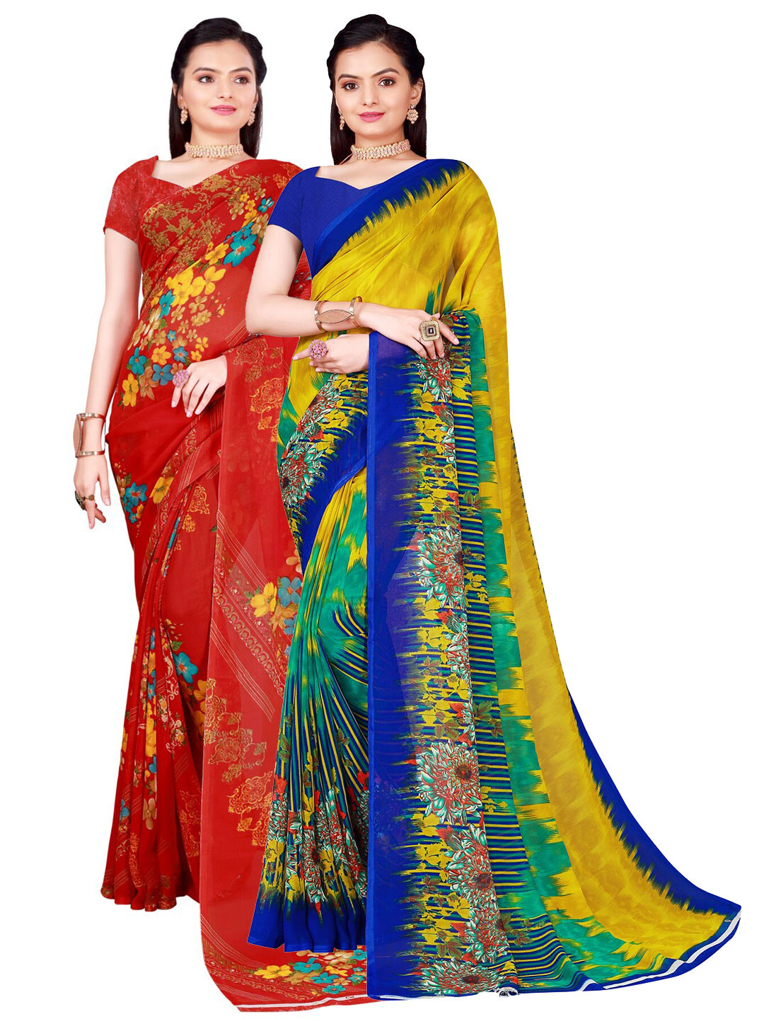 

SAADHVI Pack of 2 Floral Pure Georgette Sarees, Red