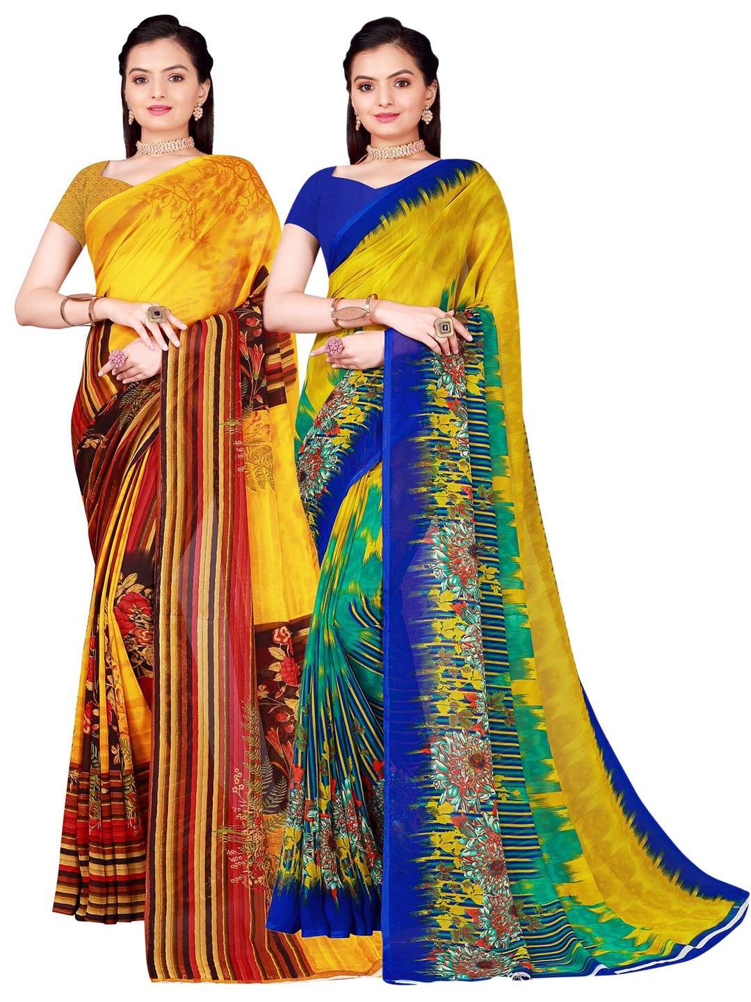 

SAADHVI Pack of 2 Floral Pure Georgette Sarees, Yellow