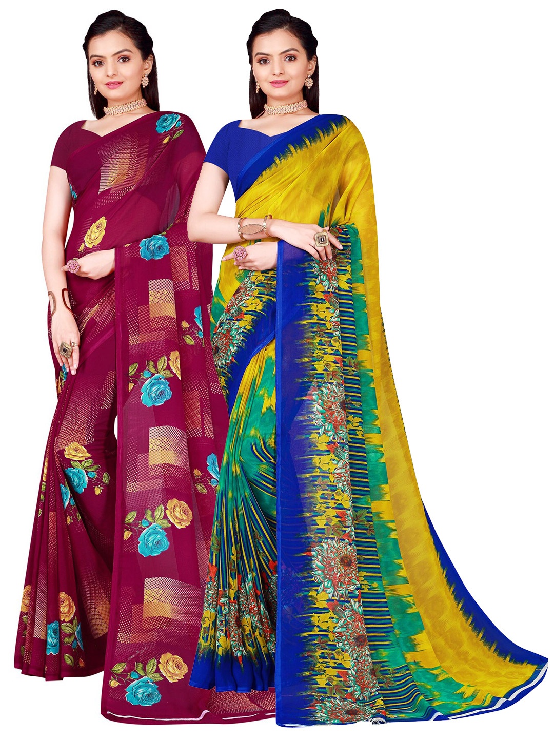 

SAADHVI Set Of 2 Olive Green & Burgundy Floral Pure Georgette Sarees