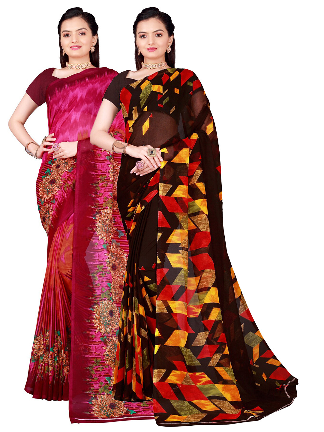 

SAADHVI Pack Of 2 Pink & Brown Georgette Saree